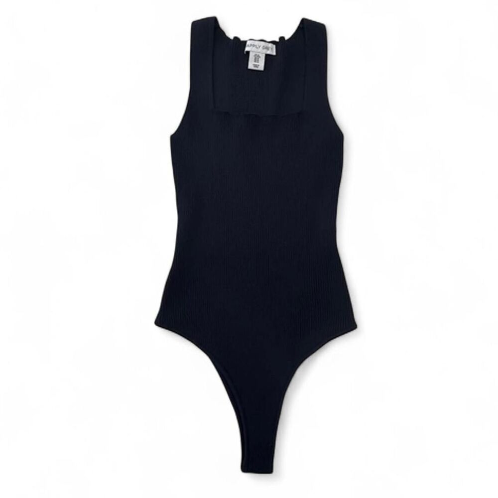 Happily Grey Women's Black Square-Neck, Ribbed, Bodysuit. Size L.